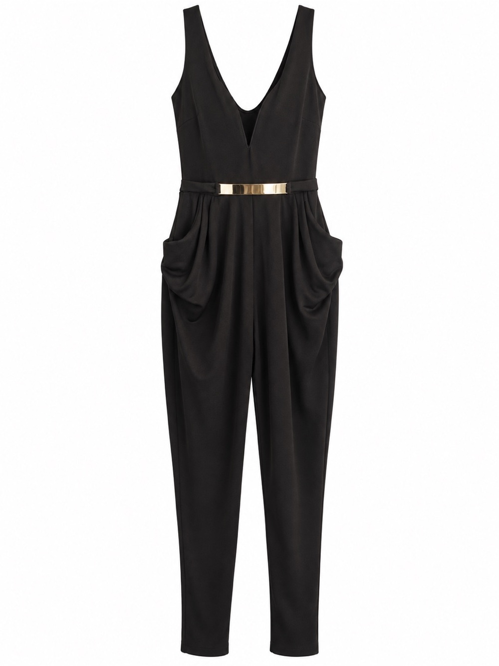 MadRag NWT Black Harem Jumpsuit Boned Plunge V Gold Bar Pockets M